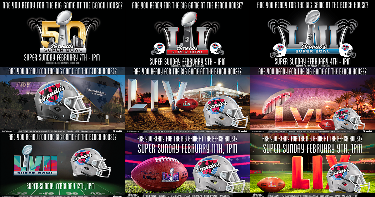 a collage of promo images for brando's super bowl party in Brantford: The Big Game at The Beach House!