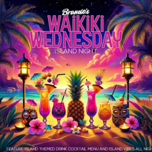 Waikiki Wednesday Island Night at Brando’s Beach House in Brantford, with tropical cocktails, palm trees and a sunset beach.