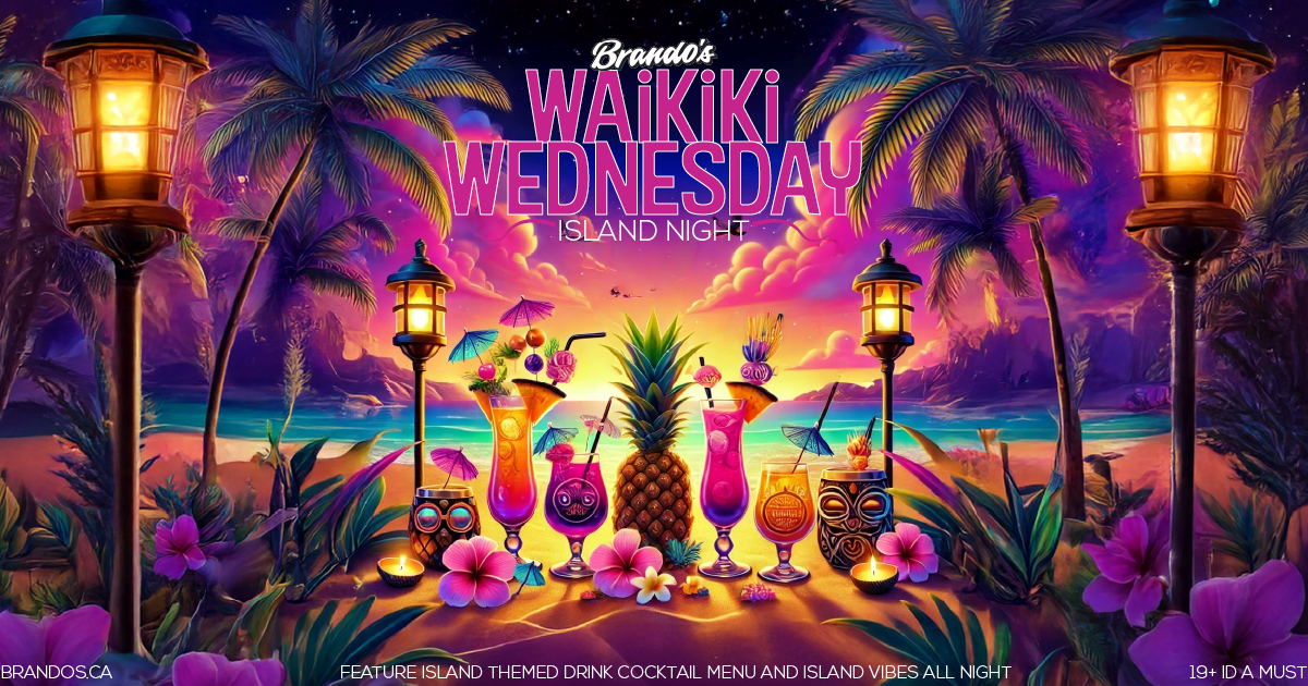 Waikiki Wednesday Island Night at Brando’s Beach House in Brantford, with tropical cocktails, palm trees and a sunset beach.